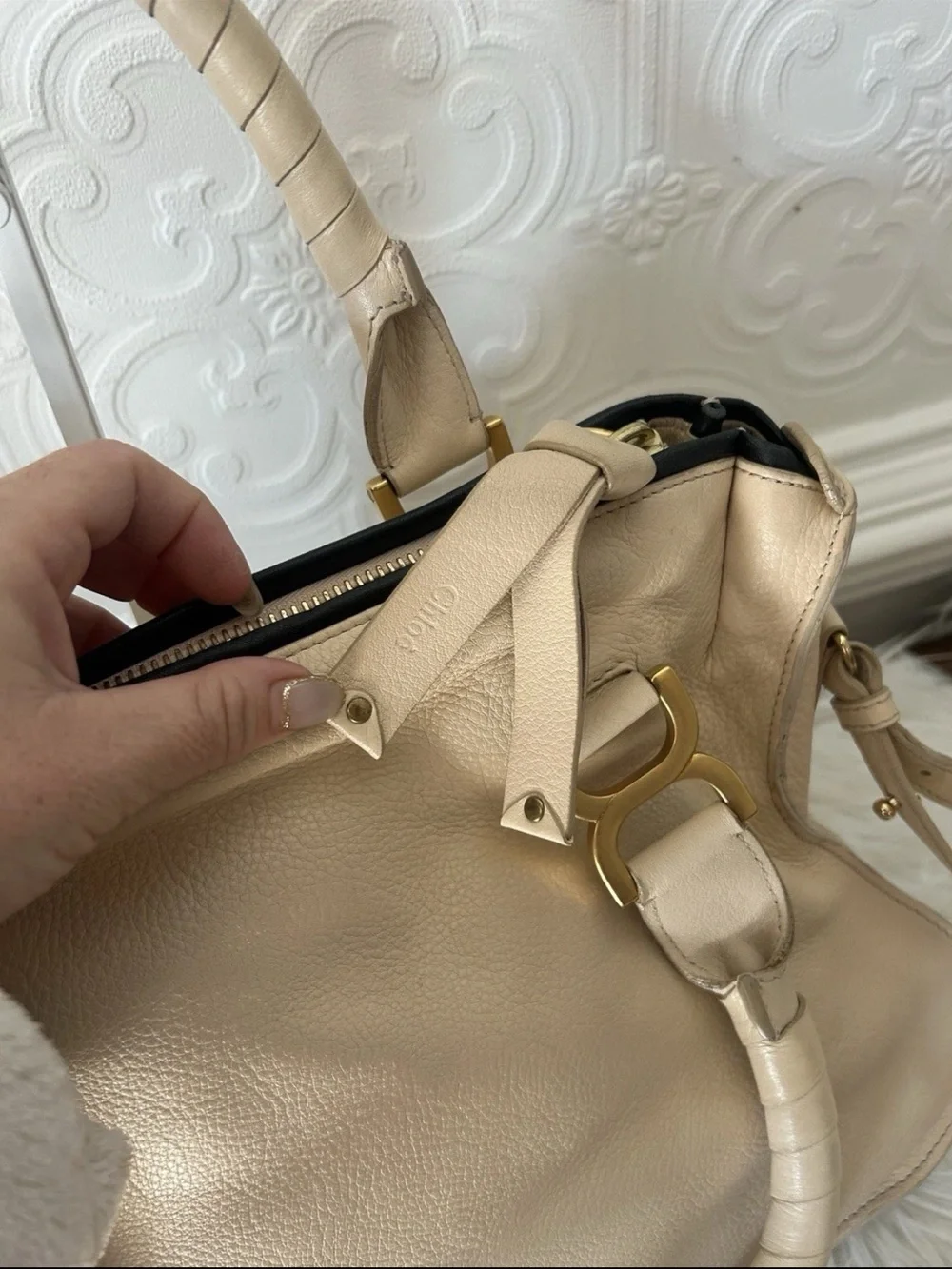 Chloe Beige Braided Satchel with Gold Hardware